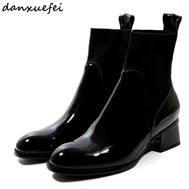 

Fashion Spring Autumn Women Boots Patent Leather Stretch Knitting Slip-on Woman Shoes Plus Size Boots For Women Botas Mujer Sale