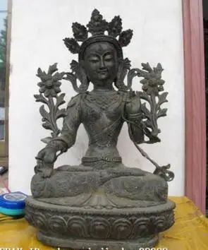 

17"Tibet Tibetan Buddhism old Bronze Green Tara Kwan-Yin Shrine Buddha Statue