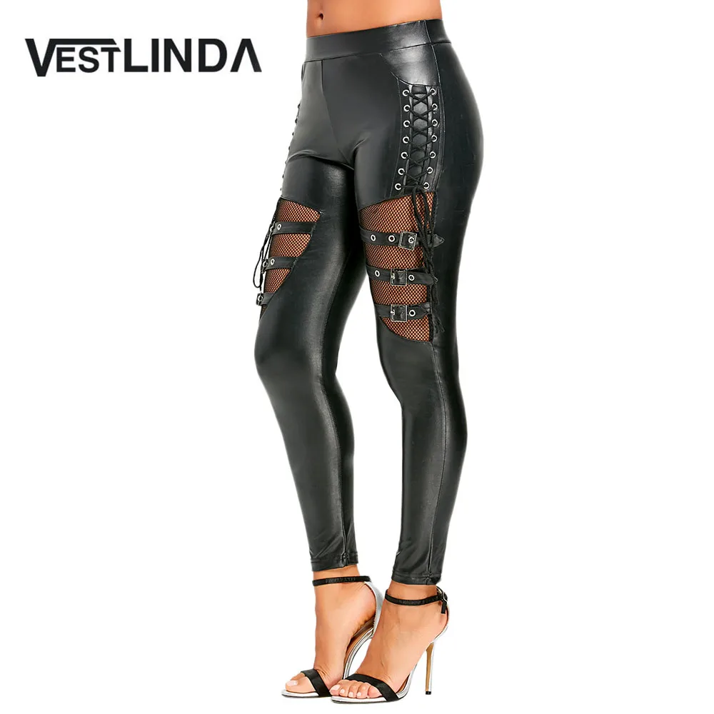 Женские брюки карандаш VESTLINDA черные облегающие из искусственной кожи со