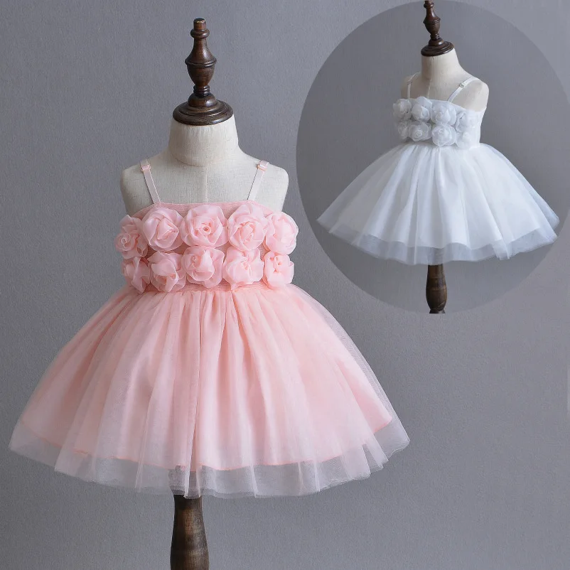 2018 Summer Baby Girls Dress Rose Gauze Flower Clothes Wedding Birthday