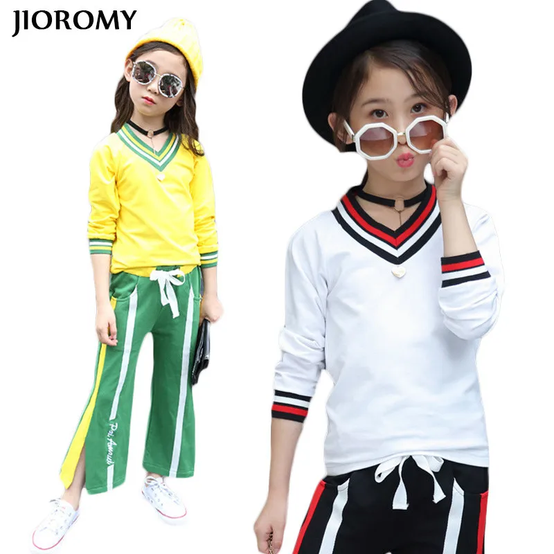 

JIOROMY Big Girls Clothes Sets 2018 Autumn New Striped V-neck Cotton T-shirt + Casual Pants 2pcs Sports Children's Clothing Suit
