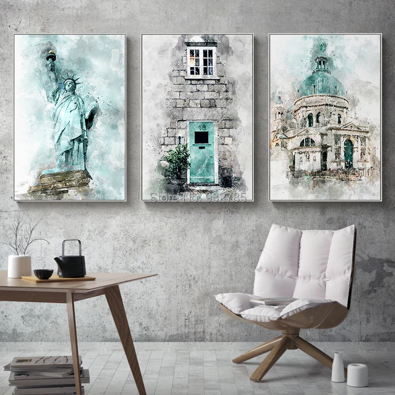

Nordic Abstract Statue of Liberty Buildings Canvas Painting Print Picture Poster Wall Art Living Room Bedroom Home Decor