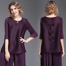 Miyake морщины галстук-бабочка футболка эластичный свободный большой размер Женская трендовая футболка Летняя плиссированная футболка