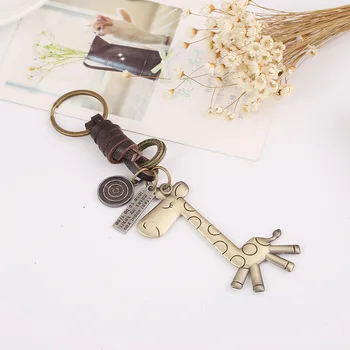 

Fashion Cute Animal Keychain Giraffe Suspension Pendant Vintage Weaving Leather Key Chain Jewelry For Men Women