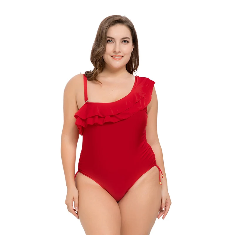 

Red Plus Size Ruffle Off the Shoulder One Piece Swimsuit High Cut Swimwear Women's Swimming Suit Bikini