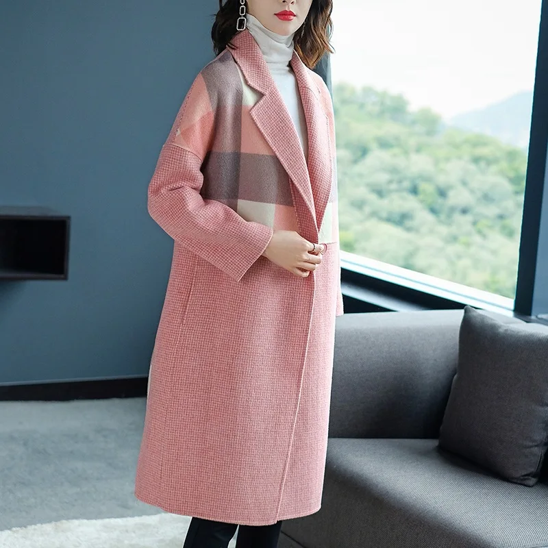 

High-end quality woolen coat 2019 new popular thousand bird plaid double-sided cashmere coat female long section Female commu