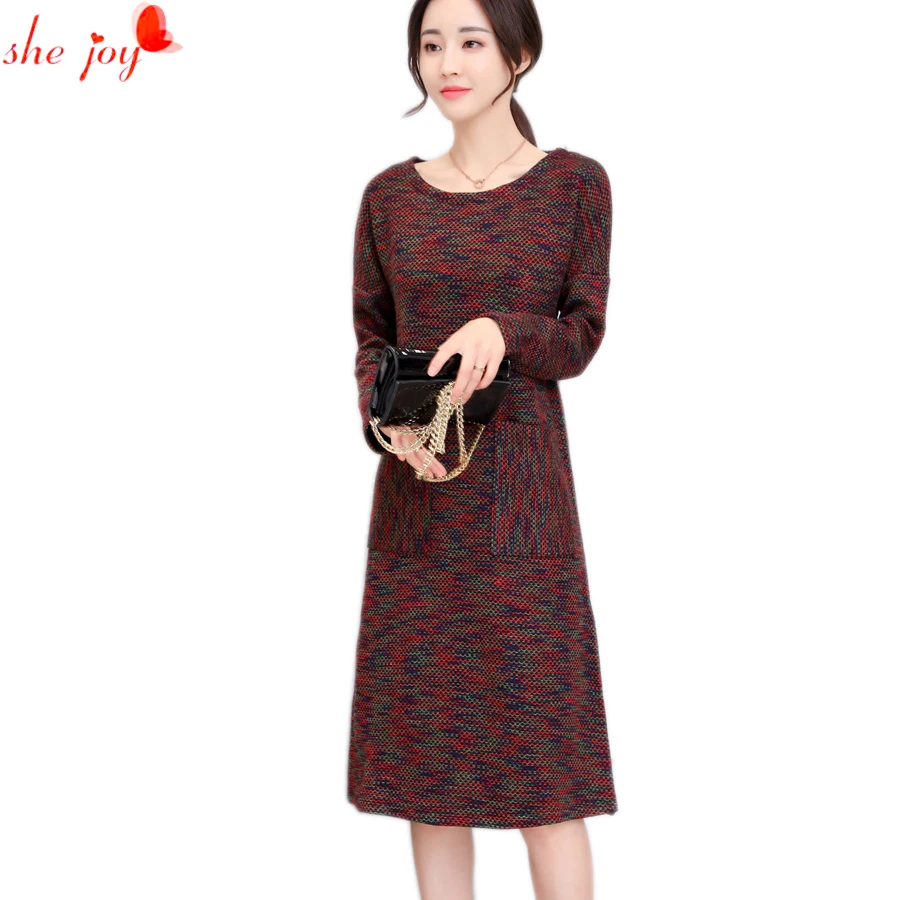 Casual Winter Knitted Dresses for Women Split Knee Length Warm Dress