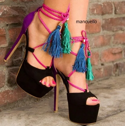 Noble Kreuzgurt Patchwork Phantasie Kleid Peep Stiletto Heels Quaste Schwarze Fringe Farbe Sandalen Schuhe Toe Frauen Plattform rUx8wErqvn