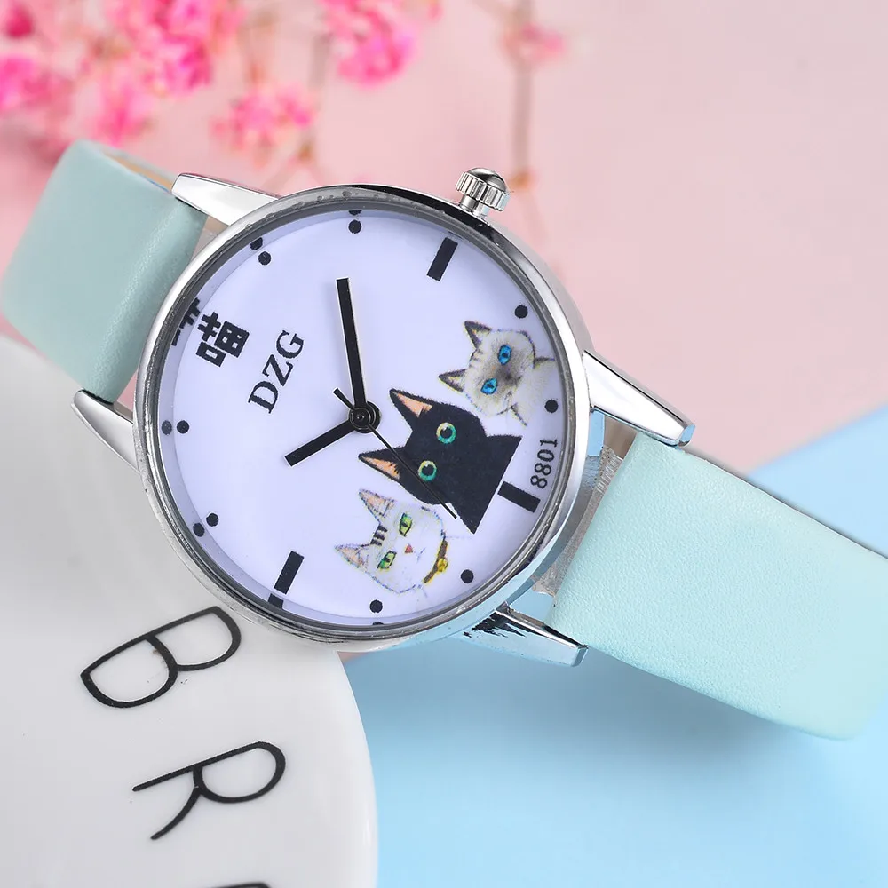 Женские модные часы с милым рисунком кота, цифровой циферблат, кожаный ремешок, Кварцевые аналоговые наручные часы, Reloj de dama Y501