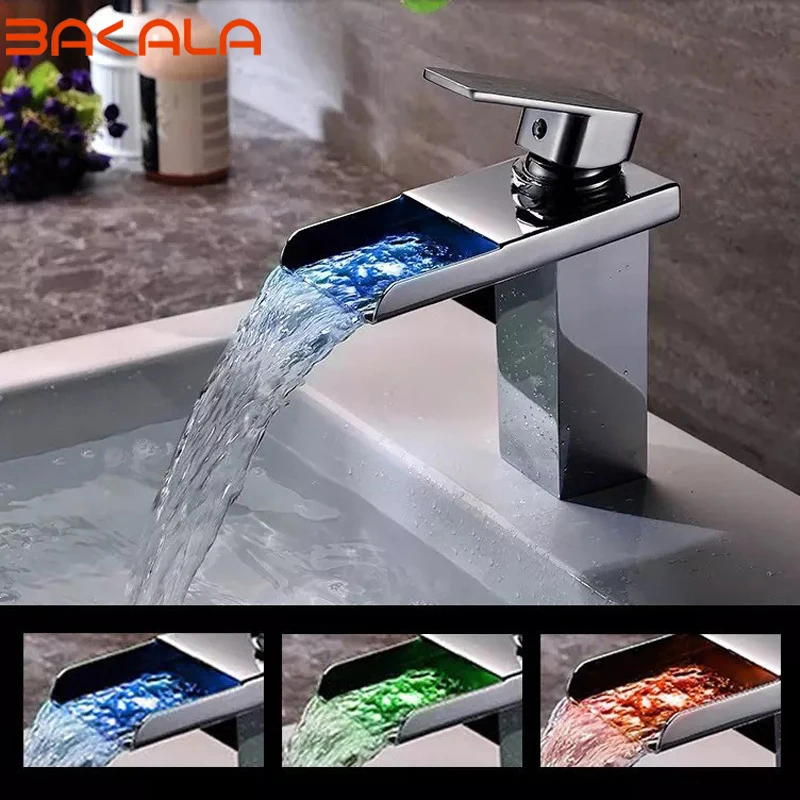 

BAKALA LED Faucet LED Bathroom Basin Faucet Brass Chrome Finished LED Waterfall Taps Water Power Basin Led Tap Mixer Torneira