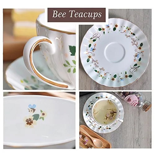 Flower Bee Tea Cups and Saucers, Coffee Bone China Mug 1 Set (1 Cup and 1plate)01