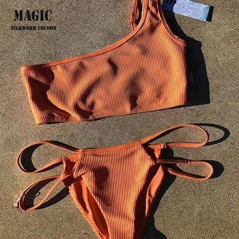 

Summer Style Women's Push Up Bikini Set Orange New Retro Brazilian One Shoulder Swimwear Beach Triangle Thong Low Waist Swimsuit