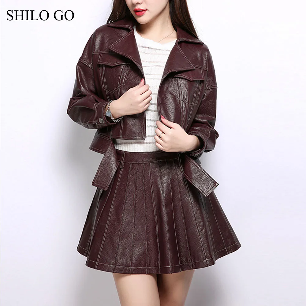 Женский кожаный костюм SHILO GO Осенний модный из натуральной овчины с отворотом и