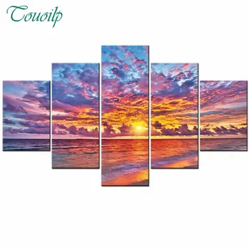 

Touoilp 5pcs Diamond Painting Cross-Stitch Sunset Sea Full Diamond Embroidery Scenic Beaded Rhinestone Mosaic Pattern