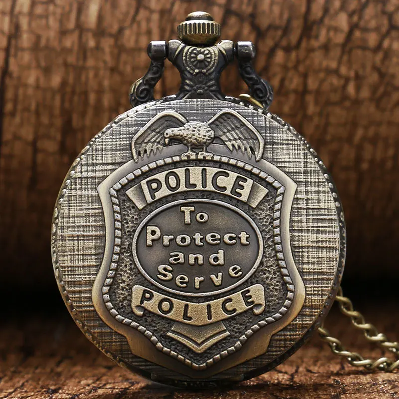 Retro Bronze POLICE Quartz kapesní hodinky Pendant náhrdelník řetězce Pánské Pánské P388