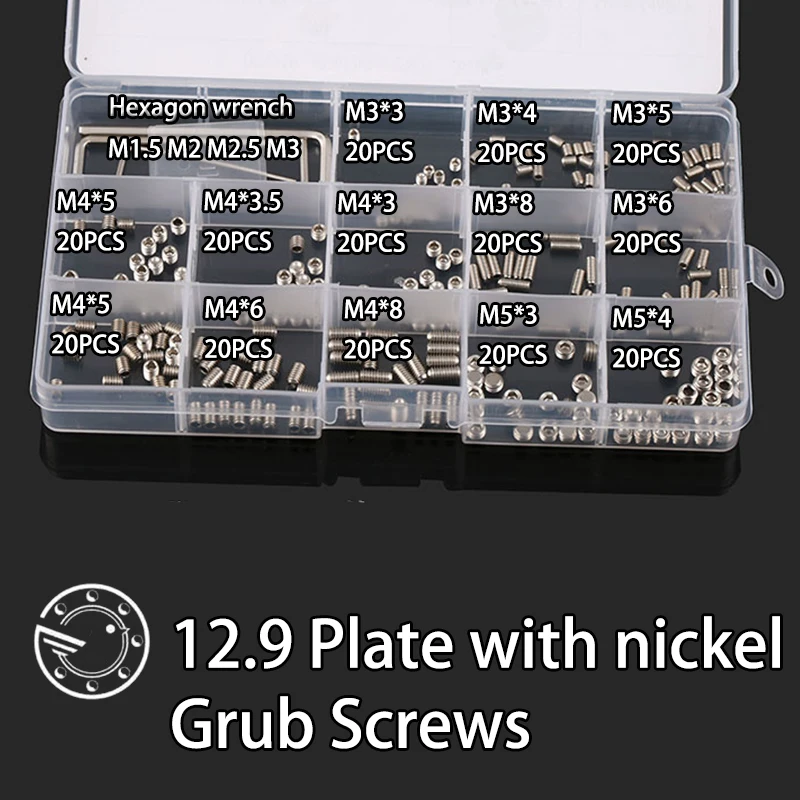 

260Pcs M3 M4 M5 M6 12.9 Plate with nickel Metric Thread Grub Screws Flat Point Hexagon Socket Set Screws Headless Assortment Kit