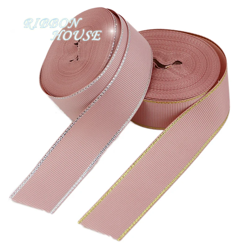 

(10 yards/lot) Pink Meat Gold Silver Edge Grosgrain Ribbon Wholesale Gift Wrapping Christmas ribbons