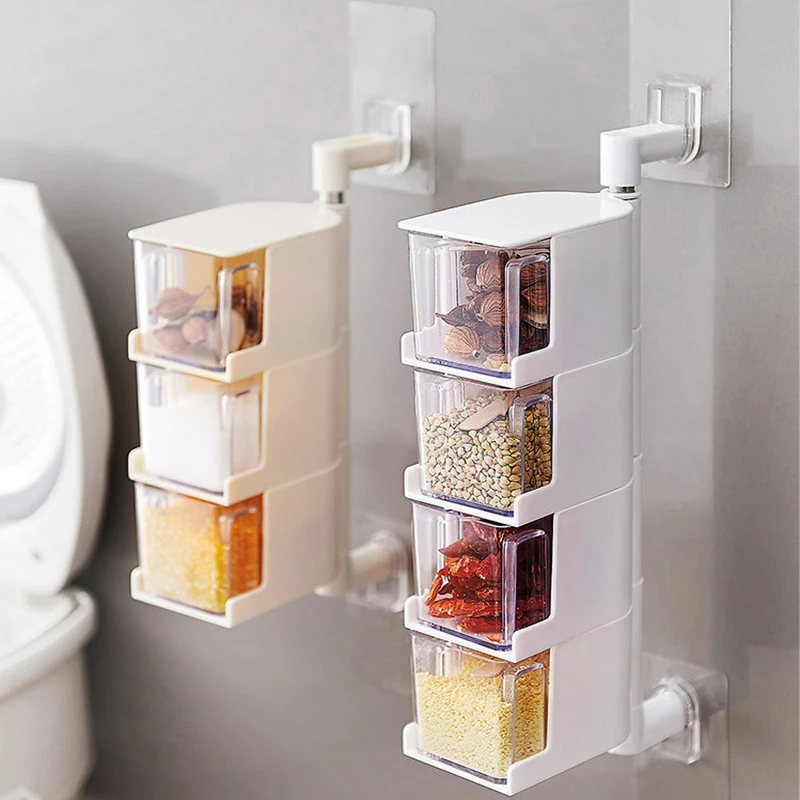 

Wall-Mounted Rotating Seasoning Box Salt And Pepper Spice Condiment Containers Organizer Storage Rack Kitchen Plastic Container