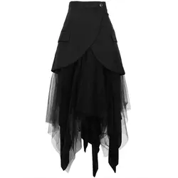 Темно-черный Высокая талия Ретро Нерегулярные поддельные из двух частей многослойная пышная сетка-Line юбка тонкий нерегулярные высокое