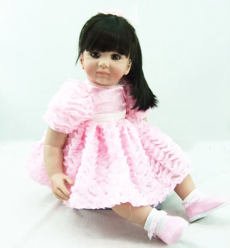 

little girl Reborn Doll Soft Silicone 60cm Cloth Body Realistic Princess Baby Toy Ethnic Doll wear fashion pink dress For Kids