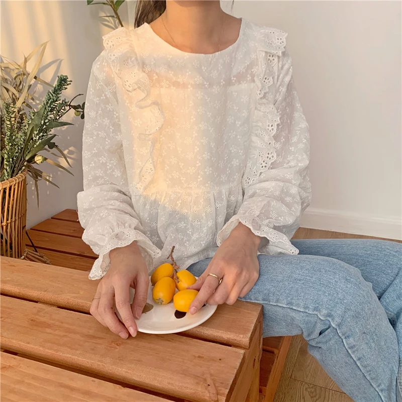 

Super Cute! White Flower Baby Doll Top Kawaii Shirt Women Blouse Lace Crochet Chemise Femme Chemisier Blusa Mujer Camisa