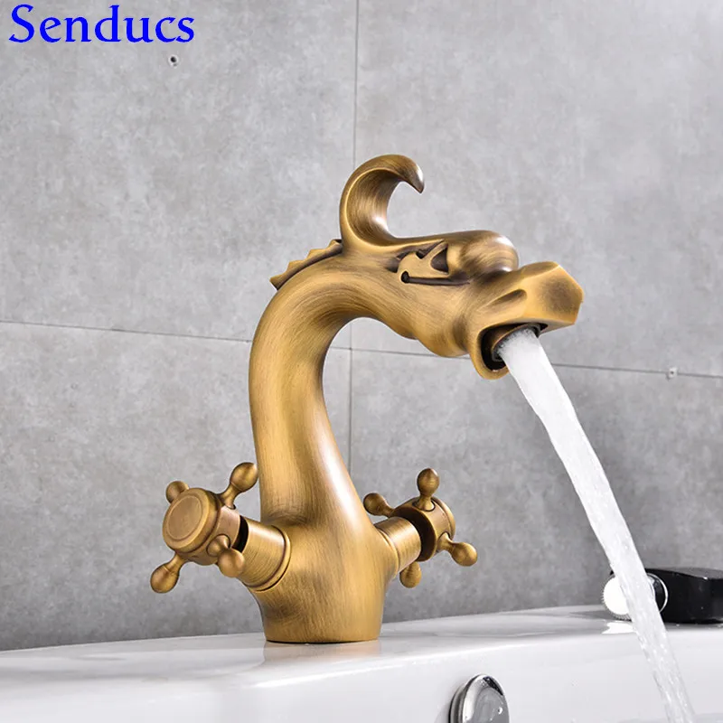 

Senducs Dual Handle Antique Bathroom Basin Faucet Quality Brass Bathtub Faucet Hot Cold Water Tap Dragon Antique Basin Faucet