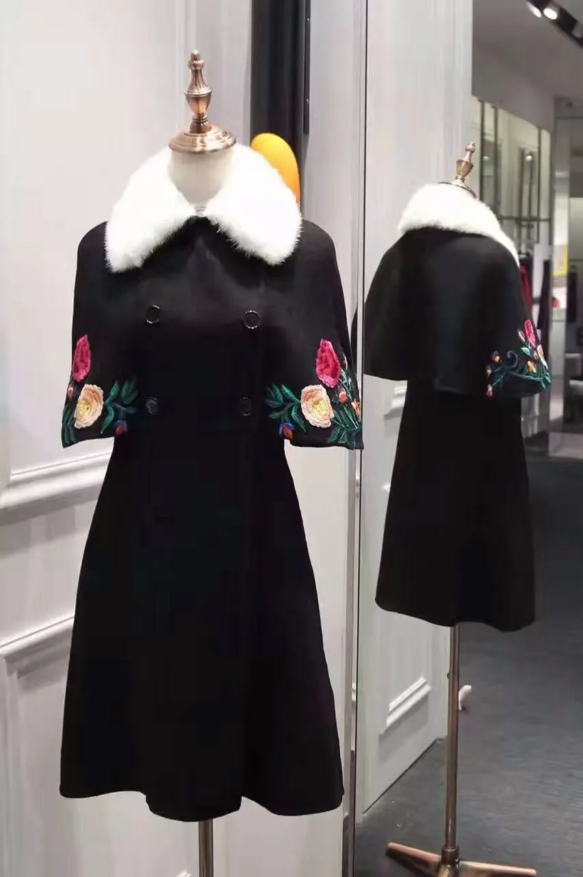 Высококачественное зимнее женское пальто, накидки с вышивкой для женщин, плащ типа abrigos mujer, элегантное casaco feminino, благородный норковый меховой воротник