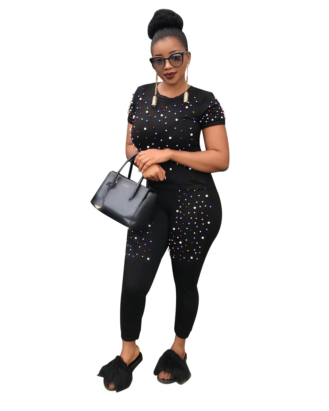 

2019 Summer Outfits for Women Pearl Bead Tshirt Top And Elastic Waist Pants Casual Tracksuit Female Solid Color Two Piece Set