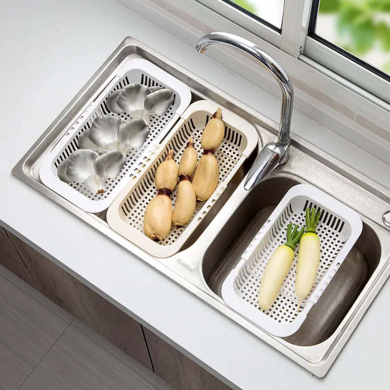 MeyJig Adjustable Sink Dish Drying Rack Kitchen Organizer Plastic Vegetable Fruit Holder Storage Rack Sink Drain Basket