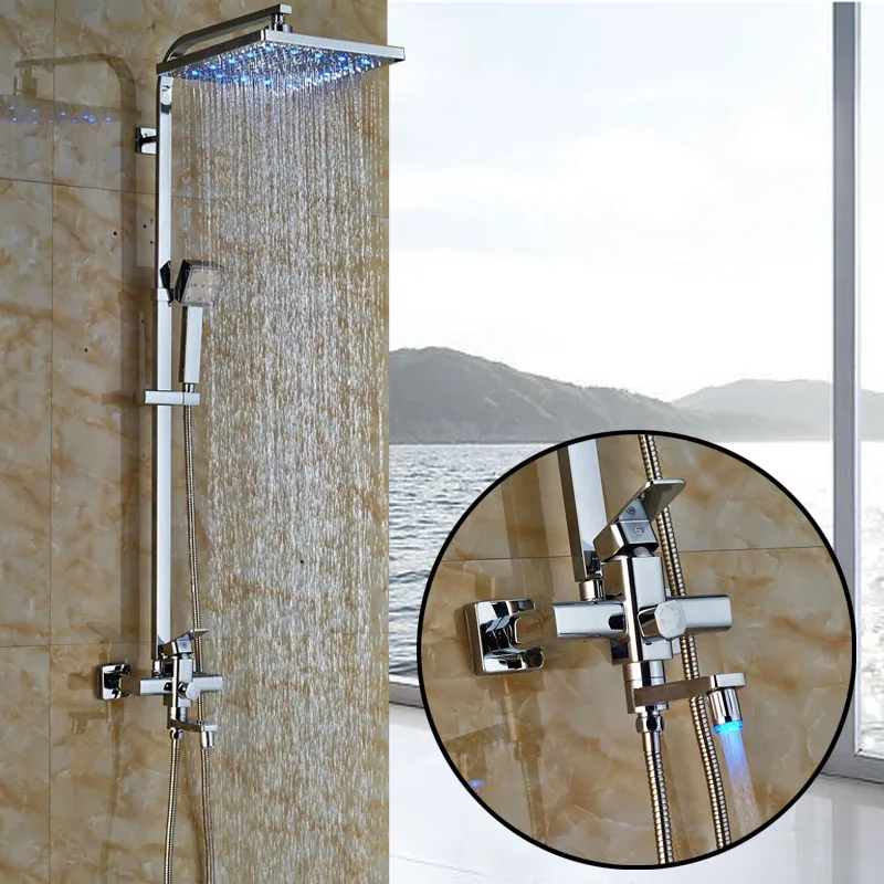 Chrome Finish Bath Shower Mixer Faucet LED Light 12 Big Rainfall Shower Head Swivel Tub Spout