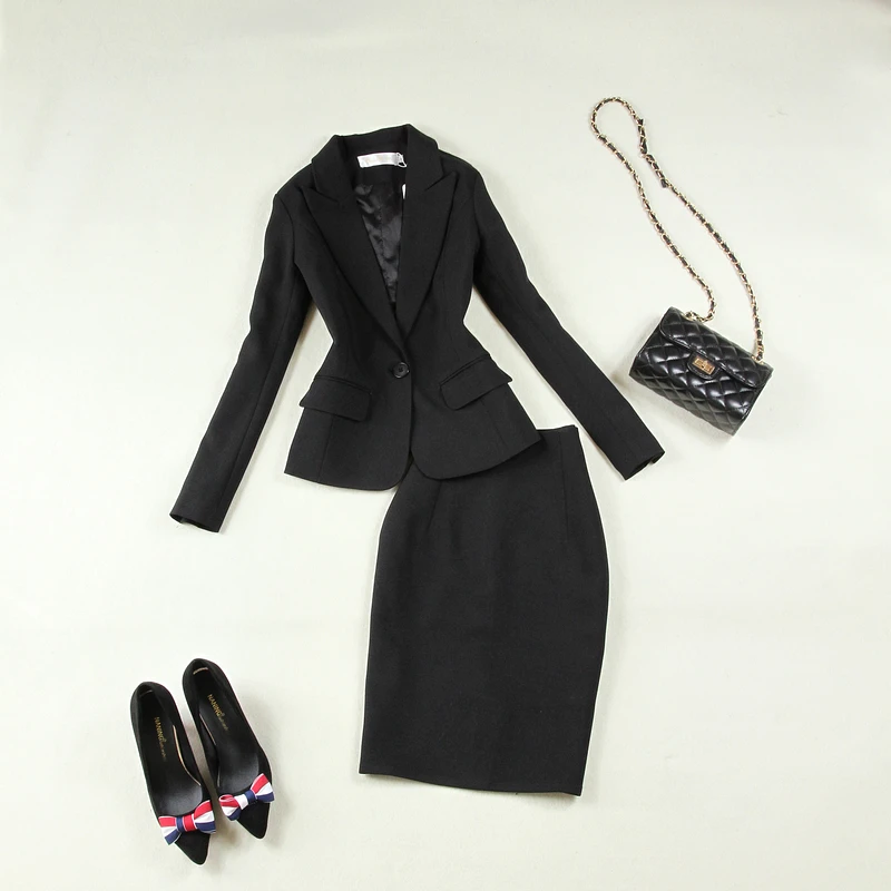 

Women's 2019 autumn and winter new black slim simple tooling small suit + knees skirt OL clothes two piece set