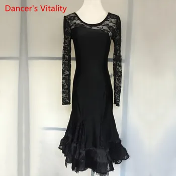 

Custom made Sexy Lace Long Sleeve Dress Women/Girls Latin Dance Costumes Adult Child Latin Dance Stage Performance Clothing