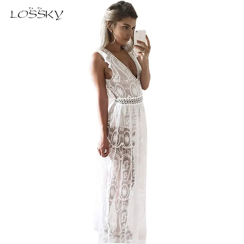 LOSSKY Maxi Long Dresses 2017 Sexy Hollow Out Perspective White Lace Dress Women High Waist Sleeveless Backless Elegant Vestidos long-white-lace-dress