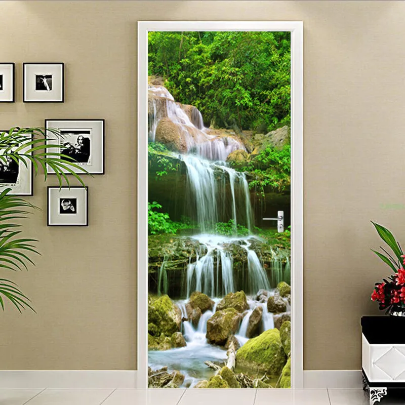 PVC Self Adhesive Door Sticker 3D Waterfalls Landscape Wallpaper Living