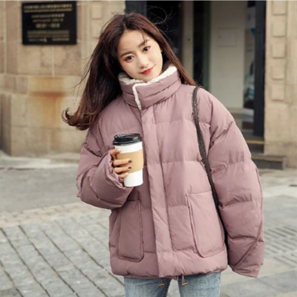 

New winter coat women Short cotton cloak Beige white cloak loose leisure and thick cotton jackets with vertical collar