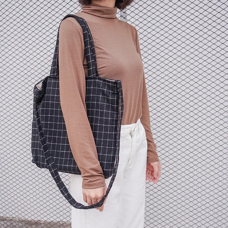 

2019 Women Wool Canvas Shoulder Bag Simple Plaid Cloth Corssboby Bags Checked Tartan Handbag Casual Totes Literary Messenger Bag