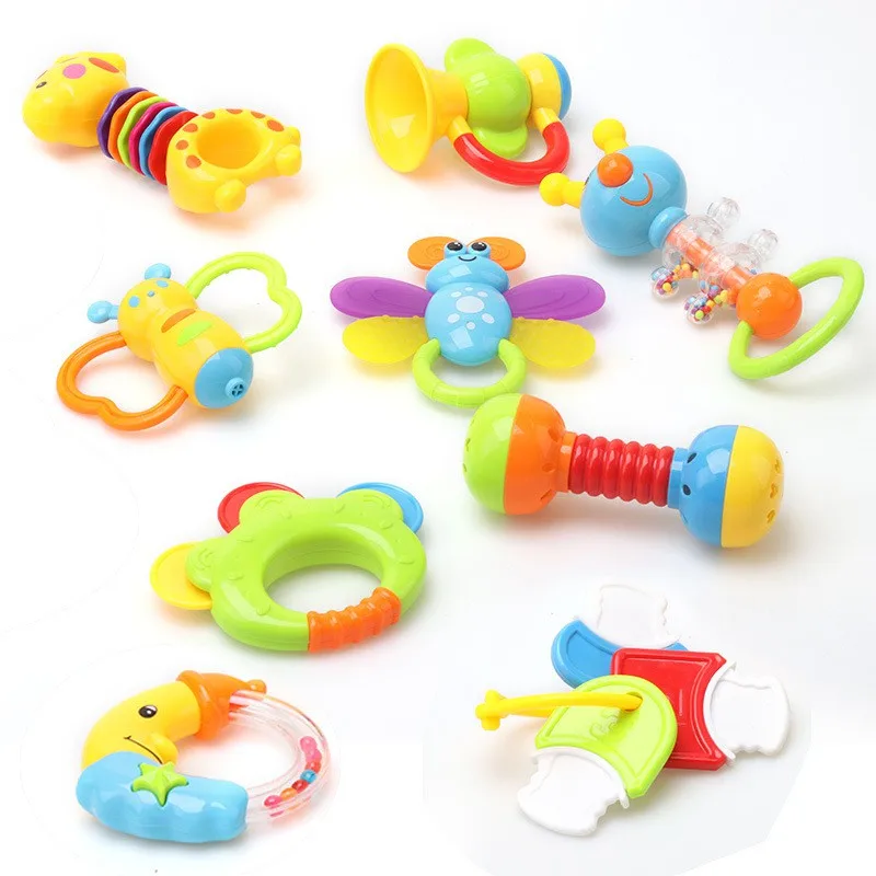 Murah Bayi Mainan bayi 0 1 Tahun Bayi Laki laki Gadis Mainan Set Tangan Teether Botol Plastik Set 9 Sets