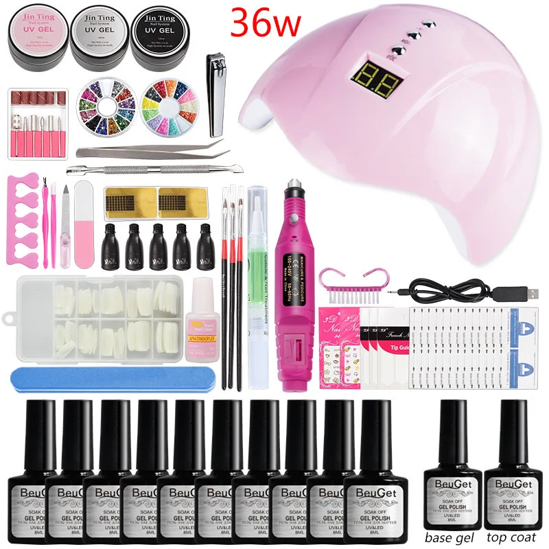 

80w/48w/36w Led Lamp Set Nail Dryer 10 Colors Uv Gel Nail Polish Set Base Top Nail Set with Nail Drill Machine Manicure Tools