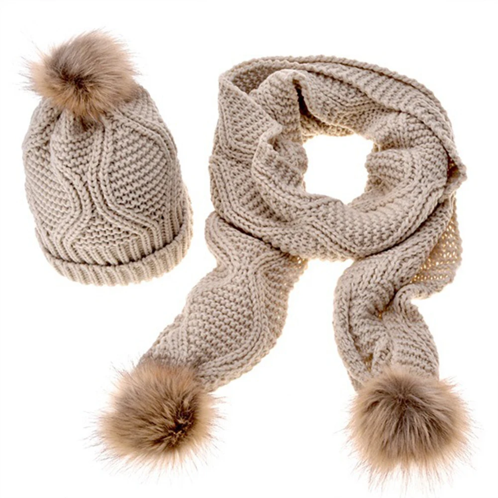 

Fashion Knitted Bobble Hat + Pom Pom Scarf Set Women Warm Winter Christmas Gift