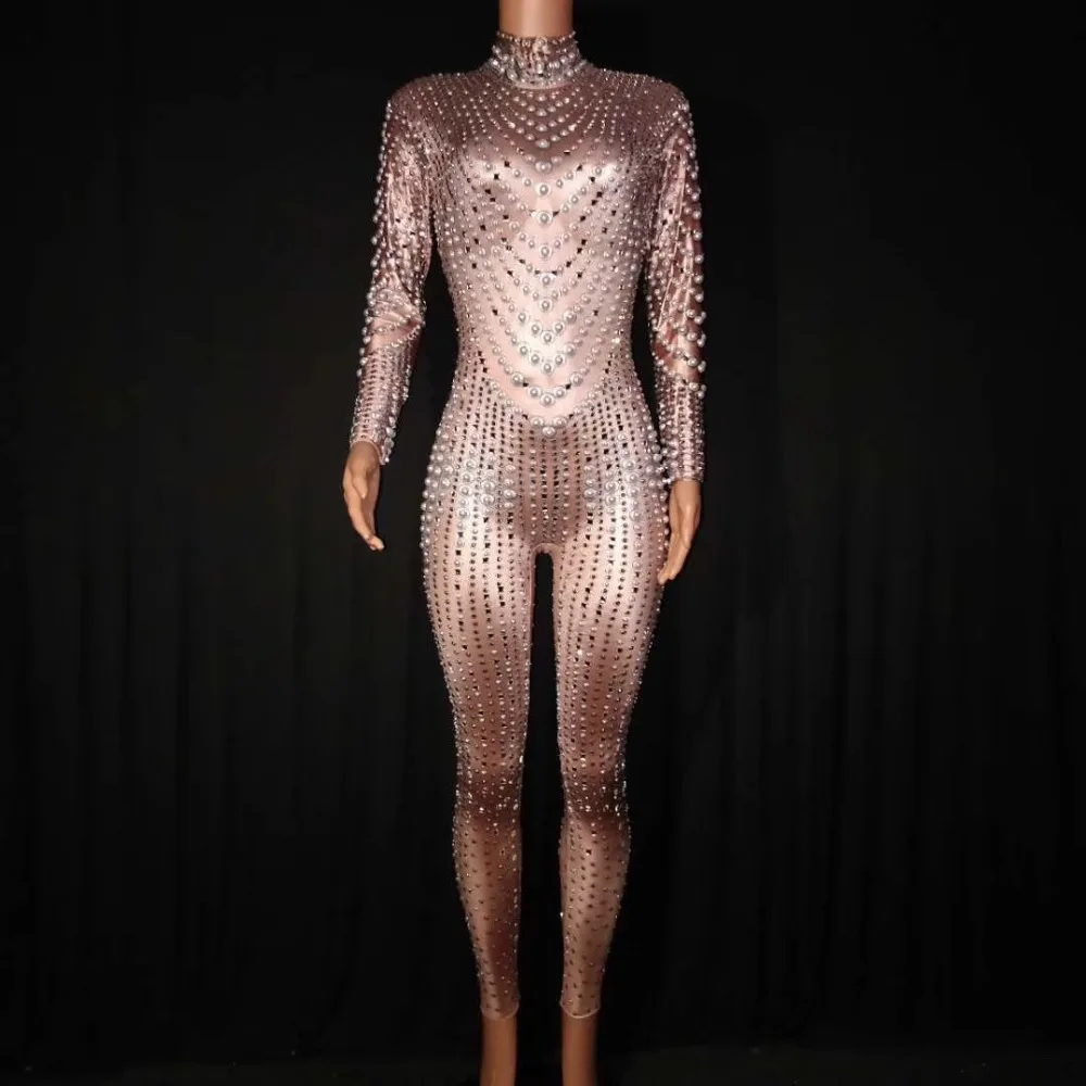 

Bright Pearls Crystals Mesh Jumpsuits Sexy Rhinestones Perspective Bodysuit Stage Dance Wear Celebrate Shining Costume DJ1014