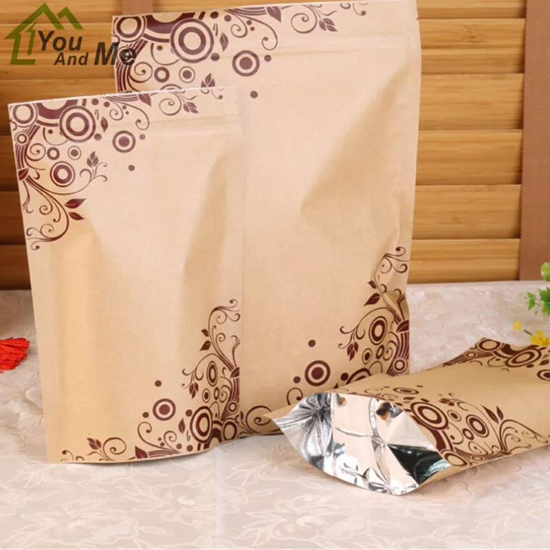 

50 Pcs Stand up Kraft Paper Bag Food Zip Lock Storage Bags Tea Coffee Gift Printed Packing Stand Pouch