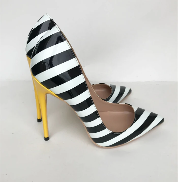 

2019 Fashion free shipping black white stripe Leather Poined Toe Stiletto high heel shoe pump HIGH-HEELED SHOES dress shoes