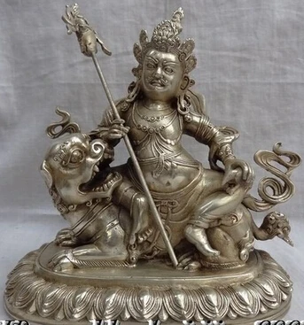 

Fast shipping 8" China Silver Buddhism Tibet White Jambhala Buddha Ride Lion Bronze Statue