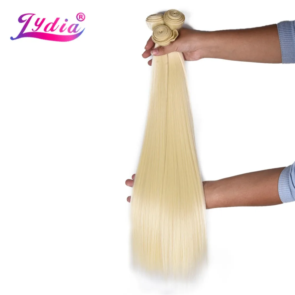 Lydia Synthetic Yaki Straight Hair Weave With Double Weft 613# Blonde Hair Bundles 16inch-20inch 4pcs/Pack With Free Closure