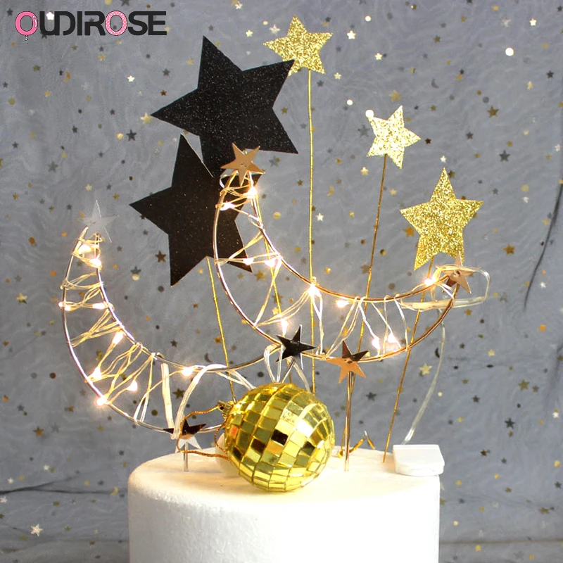 

LED Metal Stars Moon Happy Birthday Cake Toppers Valentine's Day Boy/Girl Gift Cake Top Flag Decoration Birthday Wedding Supplie