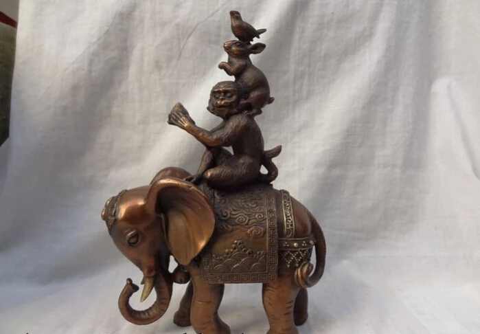 

S2558 10" Chinese Pure Bronze Bird Rabbit Monkey Hold Peach Ride Elephant Brass Statue D0318