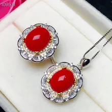 MeiBaPJ натуральный Бутик Большой красный коралл, украшение набор 925 Чистое серебряное кольцо кулон ожерелье 2 костюма хорошие Свадебные украшения для женщин