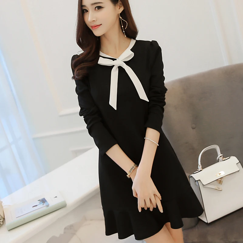 

Summer Office Lady Ruffles Slim Women Dress Solid Color Tie Bow High Waist Dress Elegant Long Sleeve Female Dress