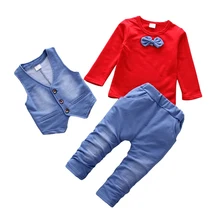 Весенние детские комплекты прочный мягкий хлопок с длинными рукавами для маленьких мальчиков, рубашка Топы+ жилет+ длинные штаны, брюки комплект повседневной одежды для малышей