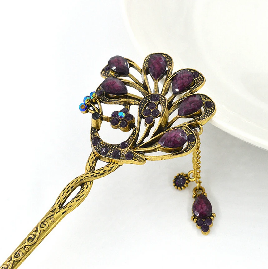 1Piece Vintage Hairpins with Peacock Pattern Retro Hair chopsticks for Women Hair Jewelry